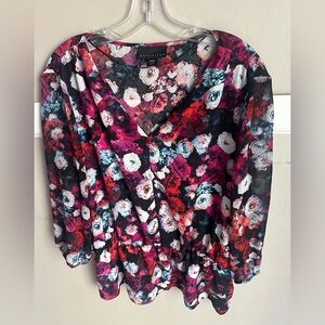 Attention Floral V-Neck Blouse - Red, Pink, Black Size XL